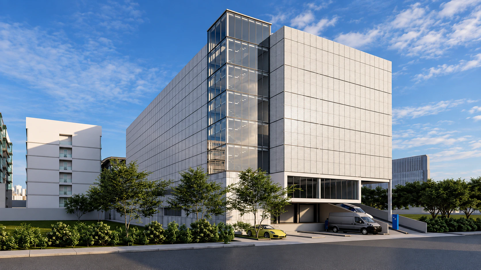 Exterior architectural rendering of a multi-storey building.