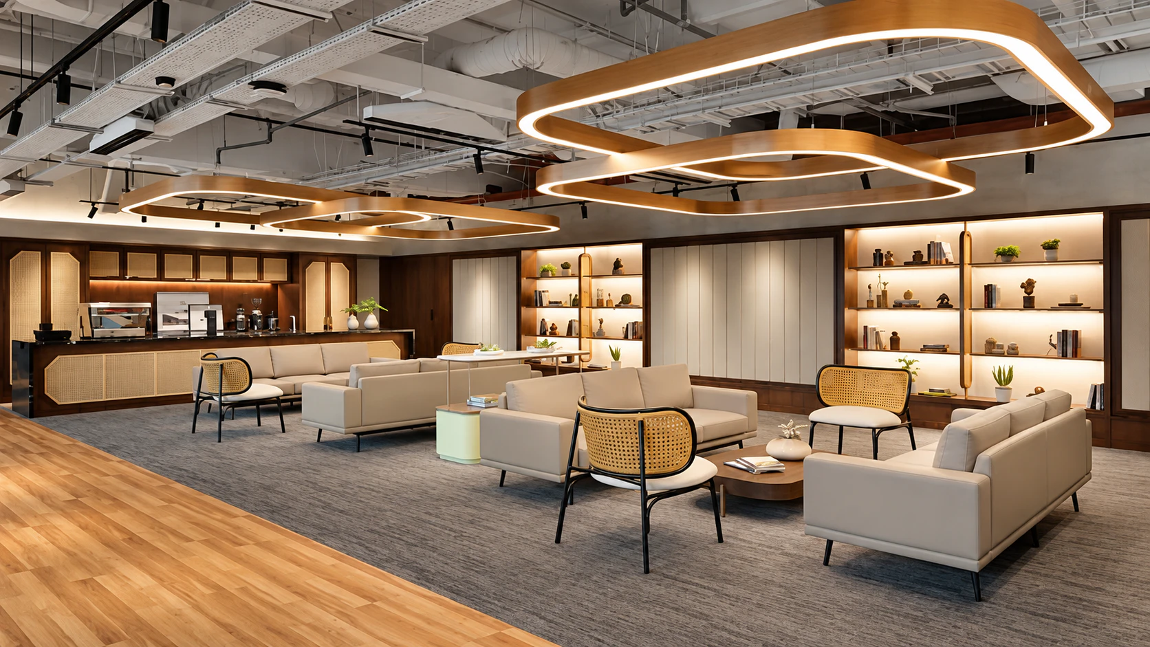 Interior rendering of a contemporary office lounge.