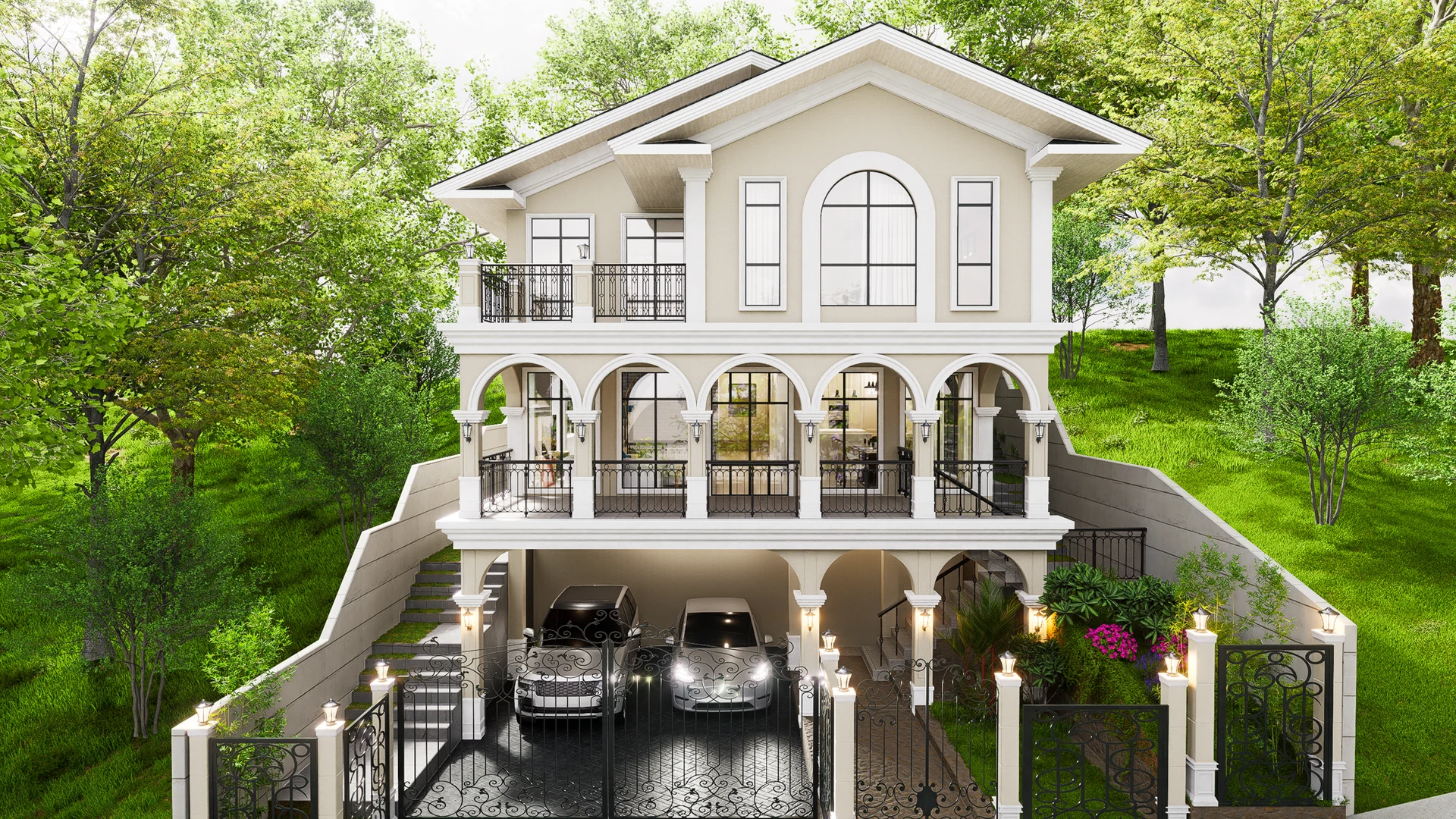 Exterior rendering of Flora Residence with balconies and a gated driveway.
