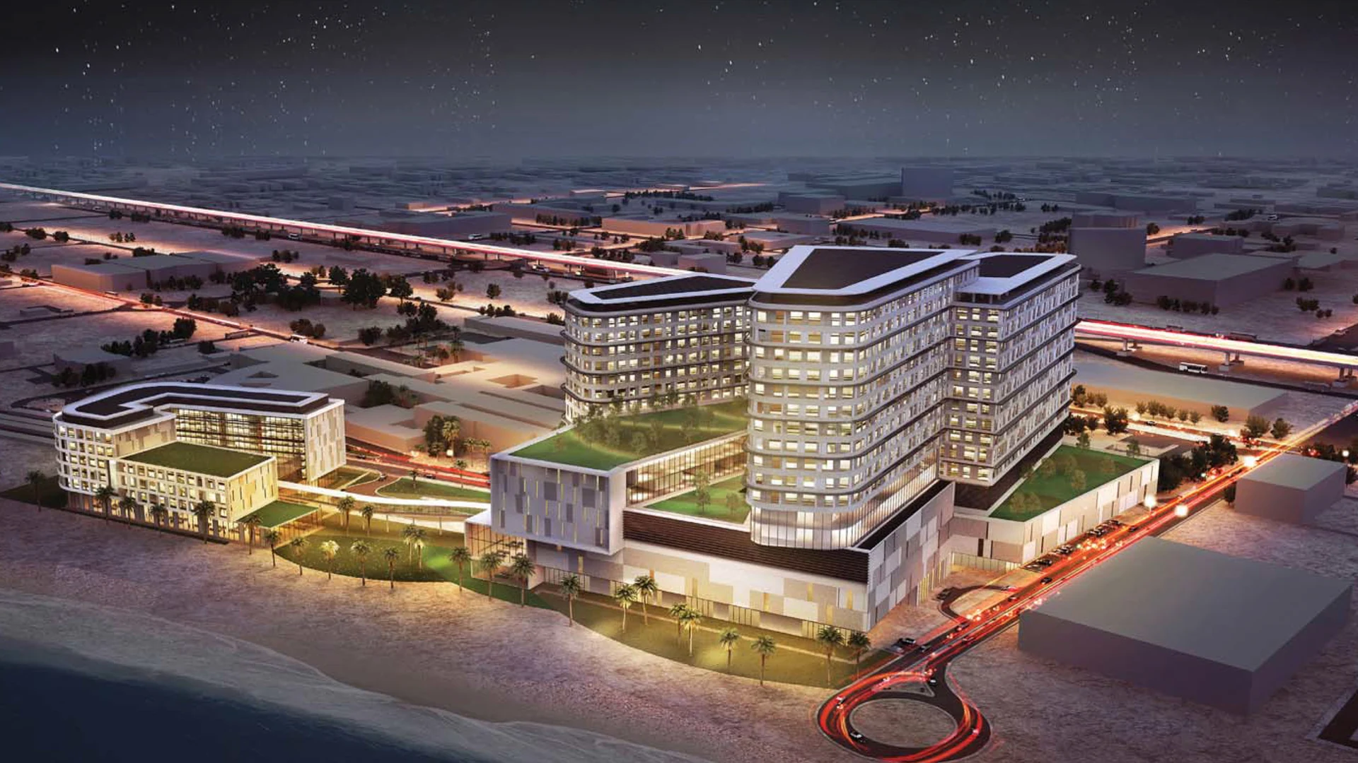 Kuwait New Maternity Hospital — night aerial view.